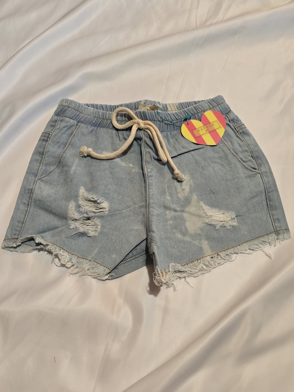 Light Blue Denim Distressed Drawstring Girl's Shorts Size Small